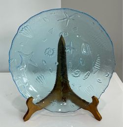 Thick Textured Natural Edge Light Blue Glass Platter with Embossed Sea Life
