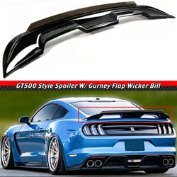 GT500 Style Rear Spoiler W/Smoke Gurney Flap For 15-23 Ford Mustang Black