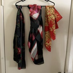 Lot Of 3 Scarves - Black Pink & Red Hat, Red Brown With Gold  Floral, Christmas holly leaves on black background