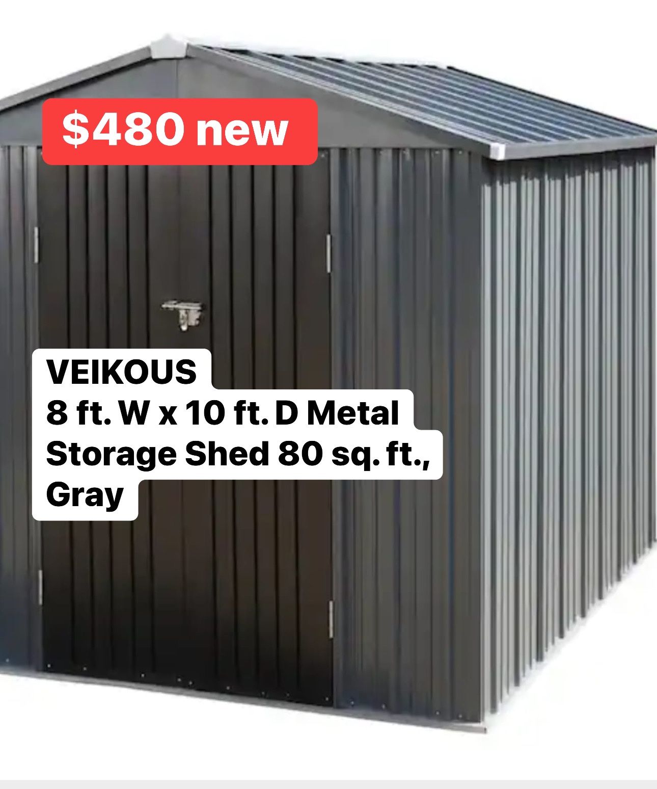 VEIKOUS 8 FT W X 10 FT D METAL STORAGE SHED 80 SQ FT GRAY 