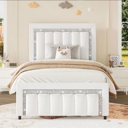 Twin Bed Frames with Upholstered Headboard for Kids, White
Fully Velvet Twin Bed Frame with Diamond Headboard, Wooden Slats & Metal Framework, Easy As