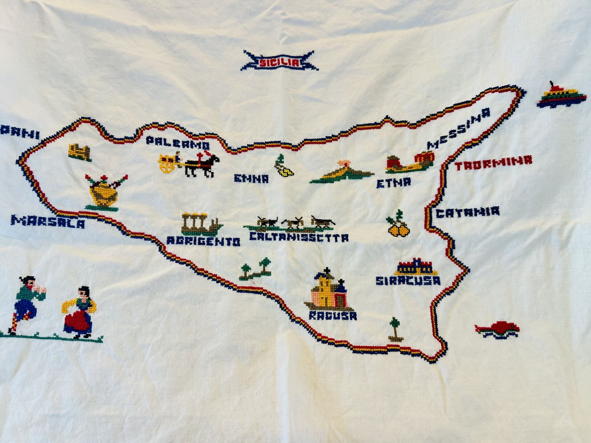 Vintage Embroidered Sicily (Sicilia) Map Tablecloth w/ Fringe