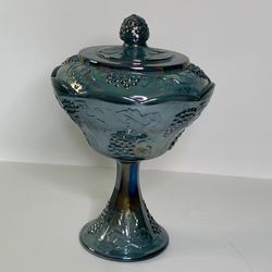 Carnival Glass Compote Iridescent Blue Harvest Grape