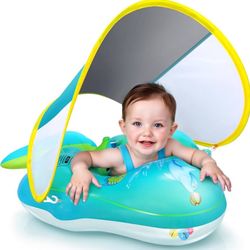 No Flip Over Baby Pool Float with Canopy UPF50+ Sun Protection, Inflatable Baby Float with Sponge Safety Support Bottom