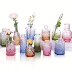 12 Colorful Glass Bud Vases, Small Gradi Colored Vintage Vases For Centerpieces, Decorative Flower Vases For Wedding Home Table Decor, Amber, Blue, Gr