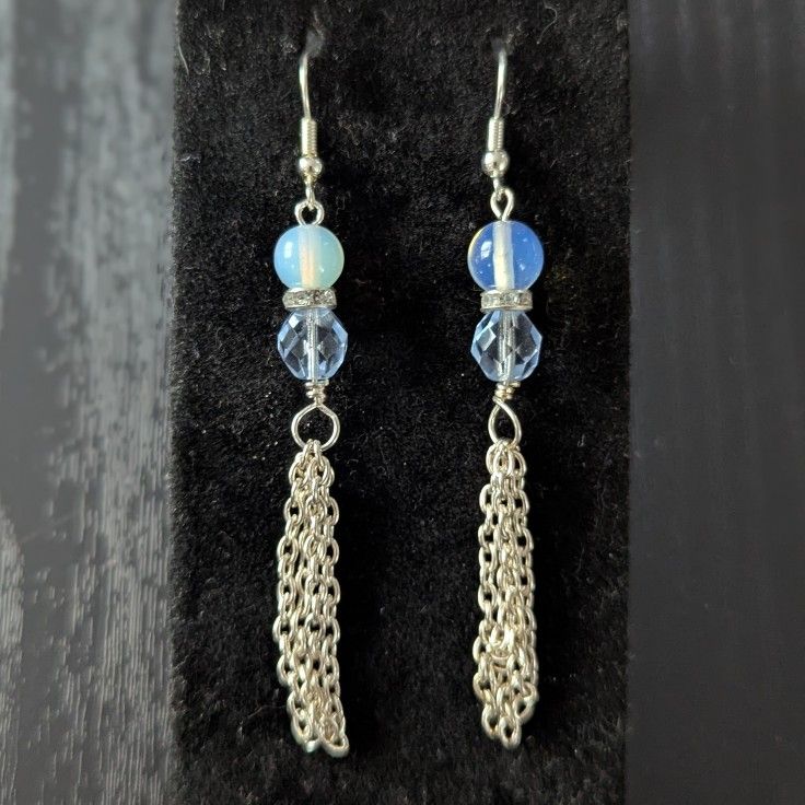 Opal Glow Blue Dangle Chain Earrings 🌙