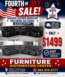 Fourth of July sale. Madrid leather reclining sectional in black or gray $1499. Easy finance. Same-day delivery.