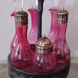 Antique Silverplate CASTOR SET CRANBERRY THUMBPRINT 6 GLASS CRUETS