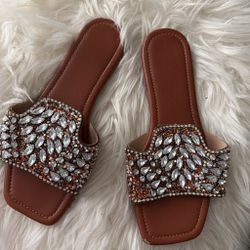 Rhinestone Embellished Flat Slide Sandals