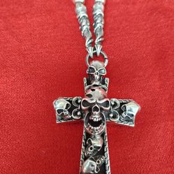 TJ Silversmiths Sterling Silver.925 Skull Cross with leather handwoven necklace