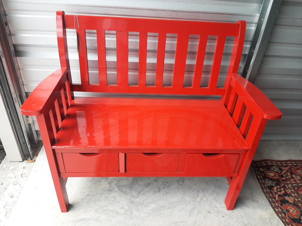 Red Painted Storage Bench With 3 Pullout Drawers 