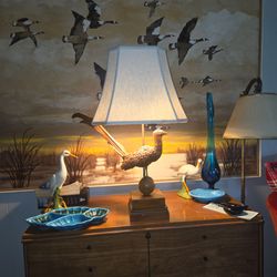 Mid Century Wood carved Pheasant Figure Table Lamp with Linen Shade