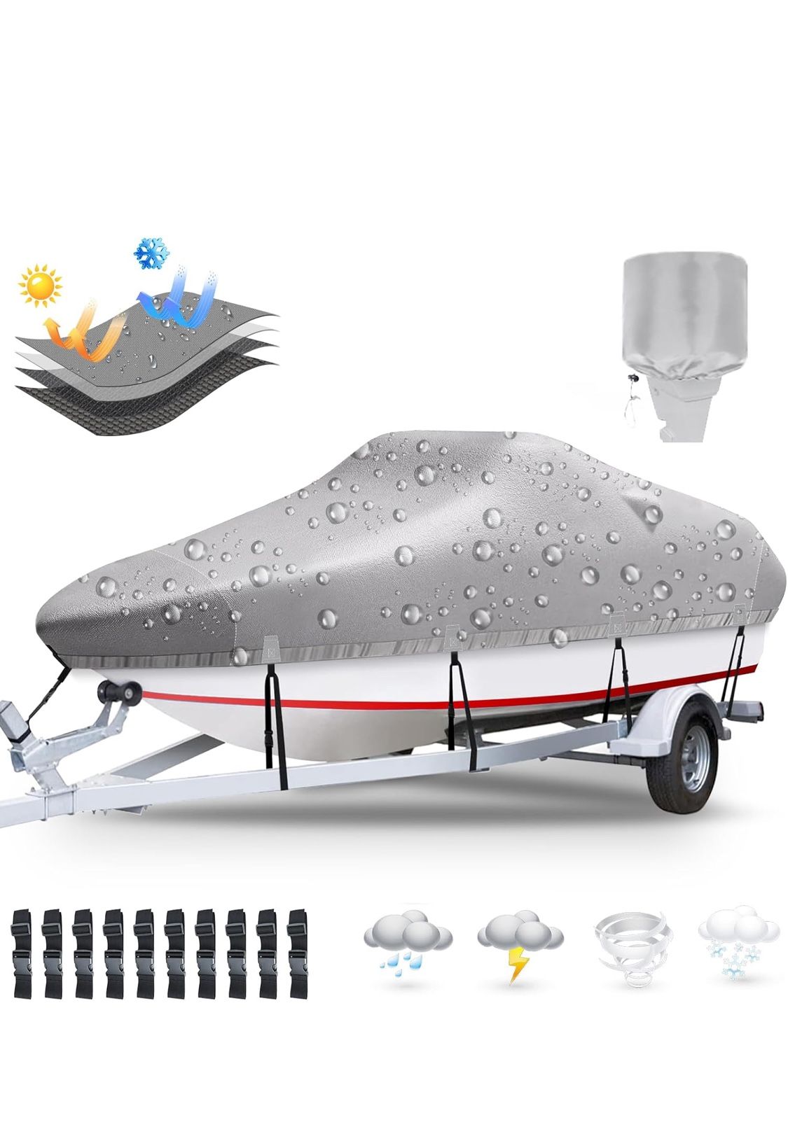 Boat Cover, 17'-19' Heavy Duty 1200D Polyester Canvas Trailerable Boat Covers, UV Resistant Waterproof Bass Boat Covers with Motor Cover, Fits V-Hull