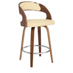Armen Living Shelly 26" Counter Height Swivel Cream Faux Leather & Walnut Wood Bar Stool