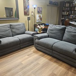 Set Of Double Recliner Love Seats In Gray.  Excellent condition
