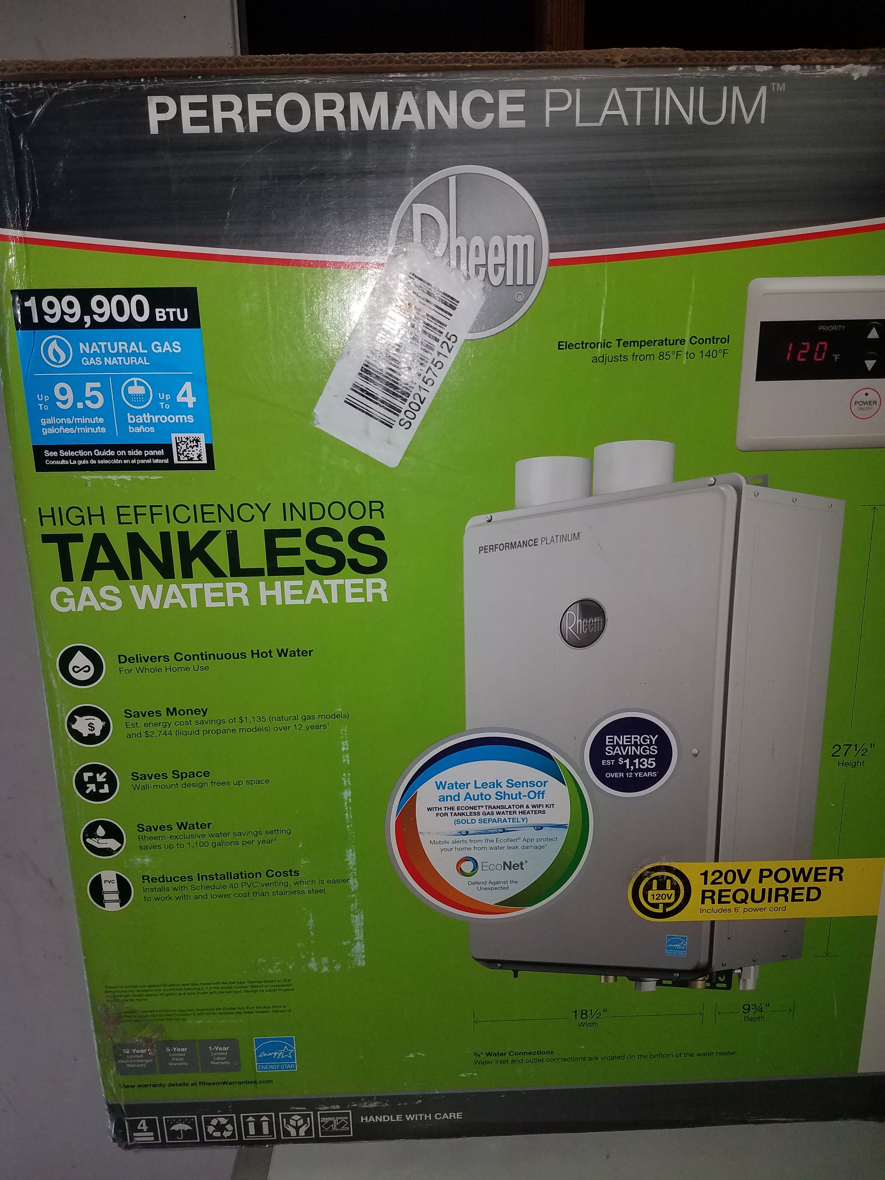 New in the Box Rheem (ECOH200DVLN-1) 9.5 GPM Natural Gas High Efficiency Indoor Tankless Gas Water Heater ( BEST OFFER )