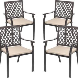 Aoodor Outdoor Stackable Patio Metal Dining Chairs 4-Piece Set with Strapped Seat Cushions - Perfect for Patio, Garden, Backyard, or Courtyard Use
