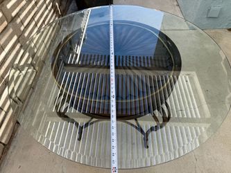 Round Glass Top Dining Table — 48" Bronze Metal & Rattan Base