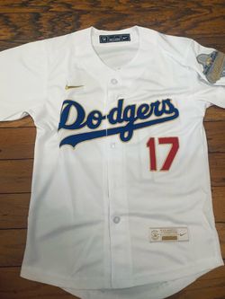 White blue Los Angeles dodgers shohei Ohtani World Series championship jersey