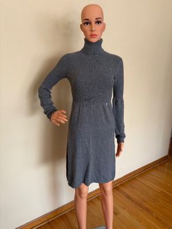 Louise Kropp Gray Ribbed Turtleneck Sweater Dress - Cable Knit Sleeves - S/M