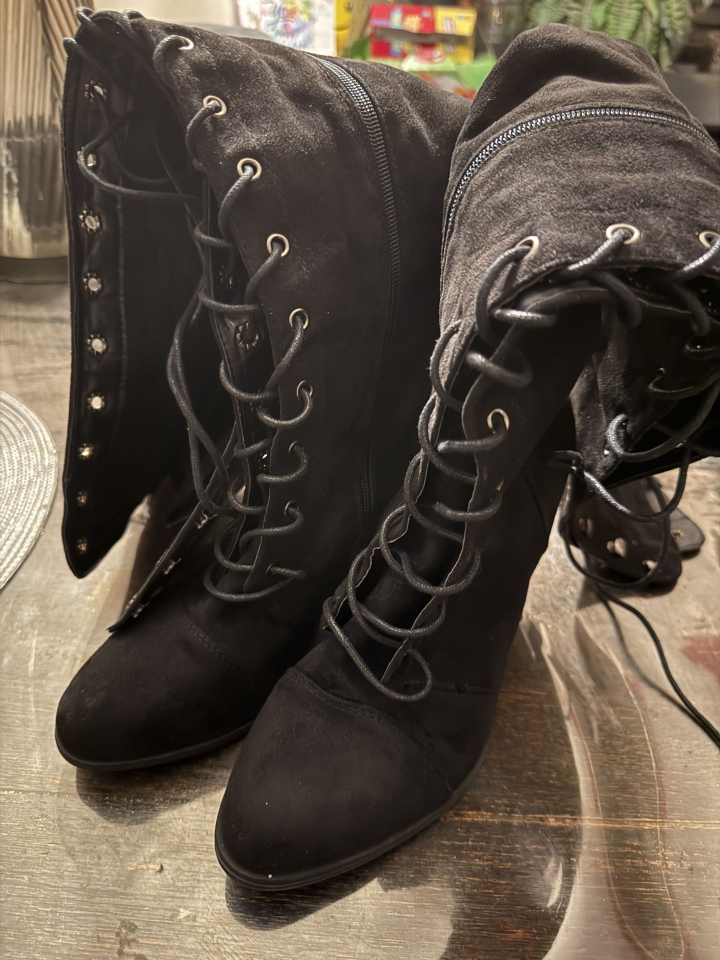 Thigh-High Black Tie-Up Heel Boots – Size 10