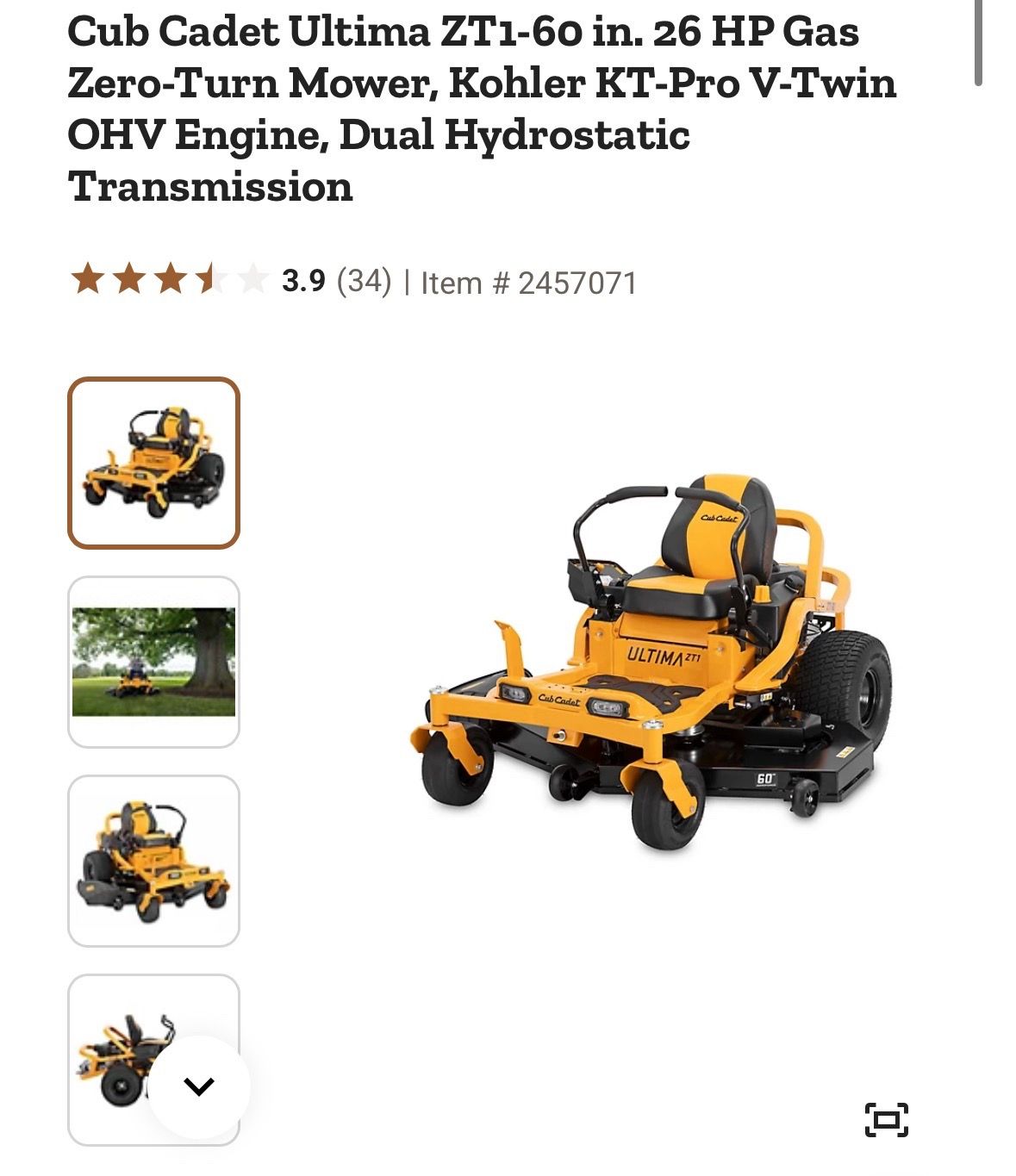 Cub Cadet Ultima ZT1-60 in. 26 HP Gas Zero-Turn Mower, Kohler KT-Pro V-Twin OHV Engine, Dual Hydrostatic Transmission (contact info removed)
