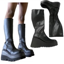 Rock and Candy Faux Leather Side-Zip Wedge Heel Knee High Boots