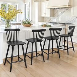 LUE BONA Upgraded Windsor Wooden Black Bar Stools Set of 4, 24 Inch Counter Height Barstools with Spindle Back/Bigger Seat for Kitchen Island