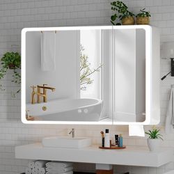 31.5x 27.5 inch bathroom cabinet with LED lights and mirror, recessed/wall-mounted bathroom cabinet with lights and storage, double doors, defroster, 
