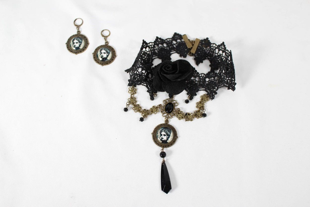 Victorian Goth Ophelia's Woe Crying Victorian Woman Earrings and Lace Choker Set