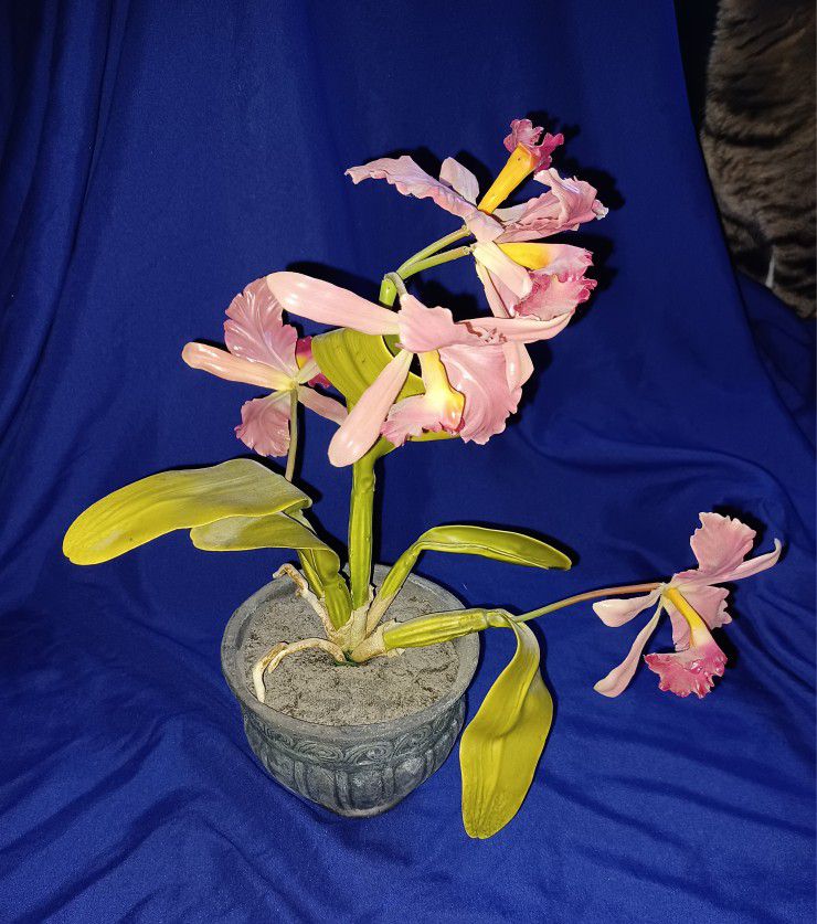 Pretty Pink Iris Flowers In Pot.  Artificial