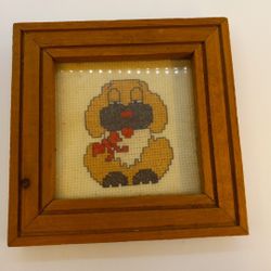 1990s Vintage Completed Cross Stitch Dog  Frame Mat 5x5in"