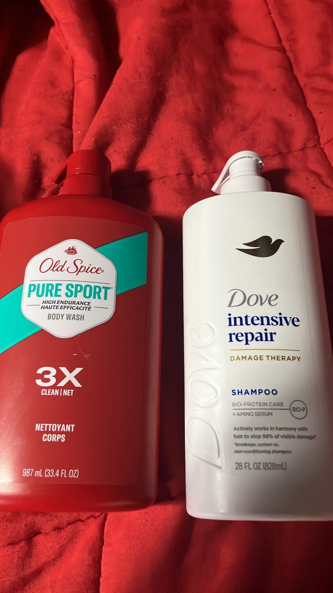 Ladies dove shampoo, old spice men’s body wash