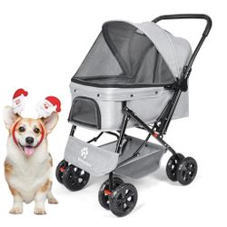 Medium Dog Stroller 50lb - Pets Stroller for Medium Dogs with Storage Basket & Pouch, Security Leashes, Gray