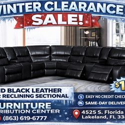 Winter clearance sale. Madrid black leather reclining sectional only $1399. Easy finance option. Same-day delivery.