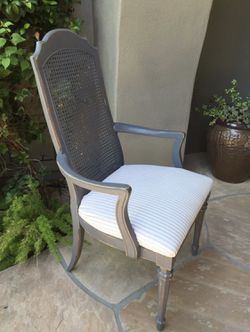 Furniture Arm Chair in Grey Solid Wood with Grey/White Stripe Fabric Cushion