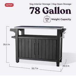 New Keter Outdoor Rolling Table Cart for Food Prep, Storage, Portable Kitchen Island Table