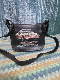Coach Patricia Saddle 23 leather crossbody bag featuring a glittery graphic of a Camaro Z41 muscle car.  # Z