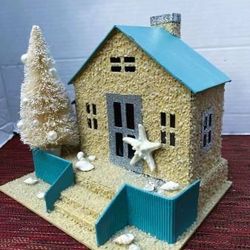 MCM Beach Scene Christmas Putz House with Bottle Brush Christmas Tree