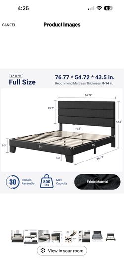 Full size bed frame with headboard and memory form 12 “ full size mattress