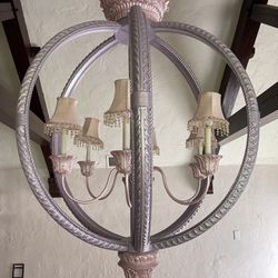 Large Pink & Purple Carved Wood Chandelier Hanging Light Fixture