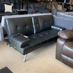 Black Leather Futon With 2 Cup Holders And Usb Port