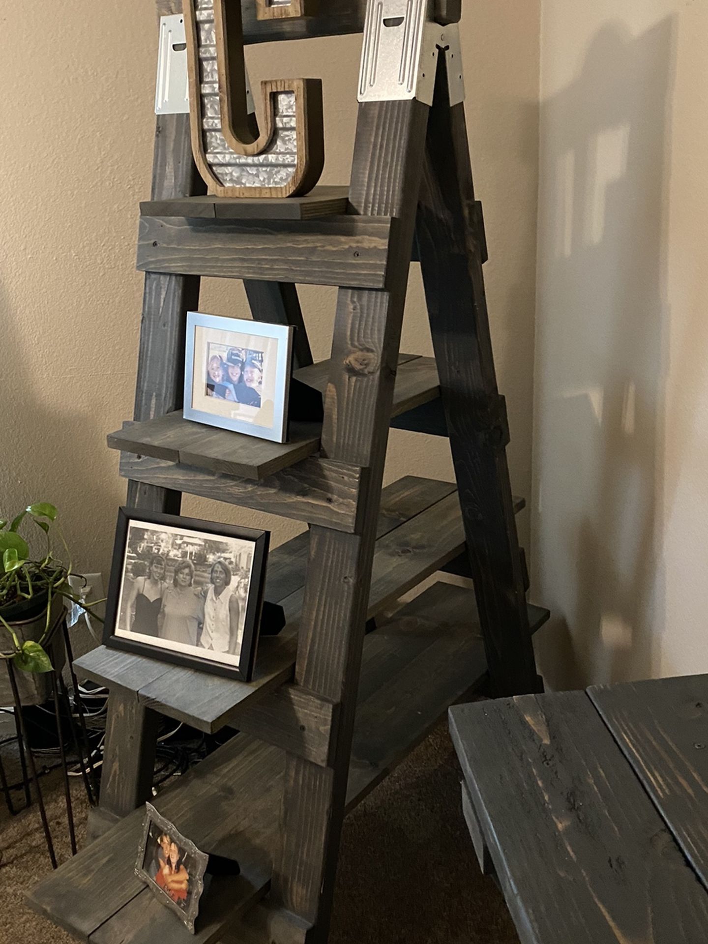 Ladder Bookcase Shelves Wood Gray