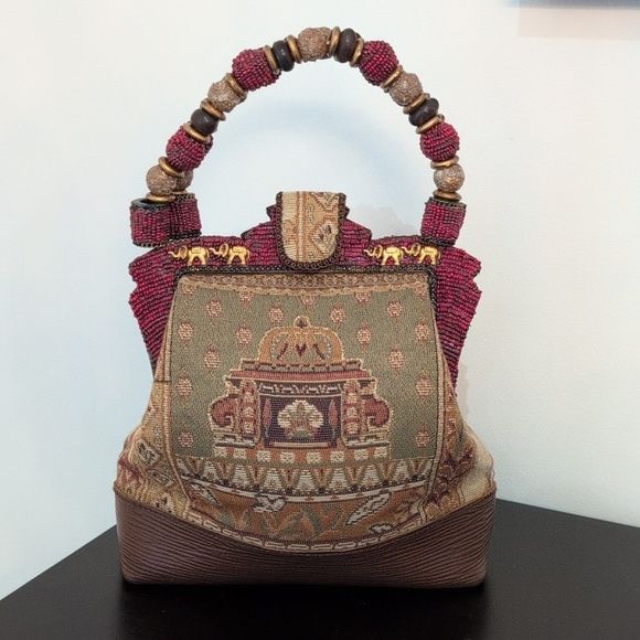 Mary Frances Designer Exquisite Beaded Elephant earth tone tapestry handbag