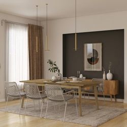 BRAND NEW 7 Piece Rectangular Acacia Wood Table With Aluminum & Rope Grey Chairs Indoor Furniture Dining Set
