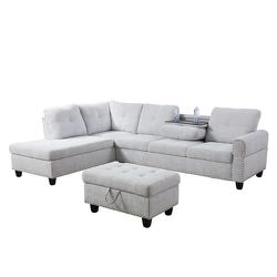 Grey White Flannel 3-Piece Sofa Sofa Set