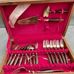 Vintage (17) Piece James Teak Wood & Brass Dessert Flatware Set in Wooden Box