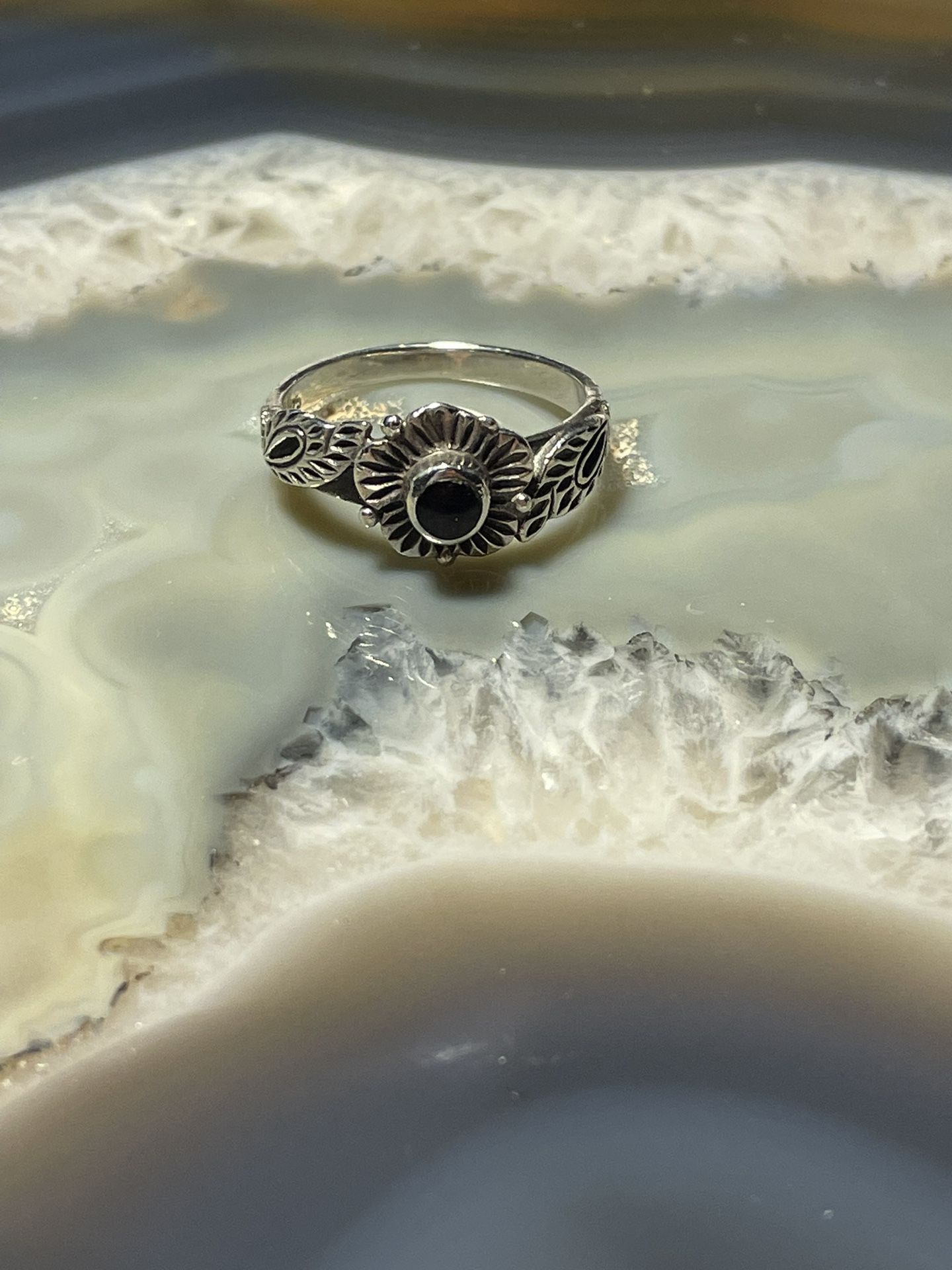 Sterling Silver Onyx Flower Ring