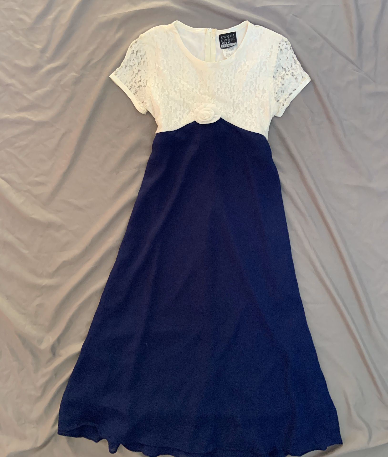 Girls Size 12 Cream and Blue Half Lace Dress w/ Flower