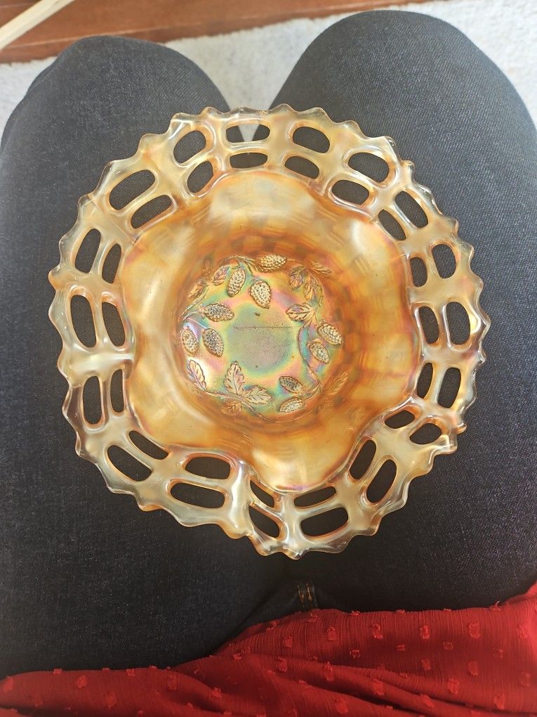 Vintage Carnival Glass Marigold Blackberry Basket Weave Bowl Open Ruffled Edge *

